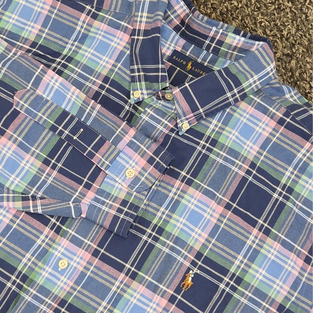 Ralph Lauren Classic Fit Oxford Button Down Shirt Mens 3XB Blue Plaid Flesh Pony